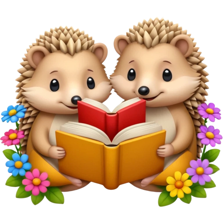 2 Beige Hedgehogs reading books + flowers emoji