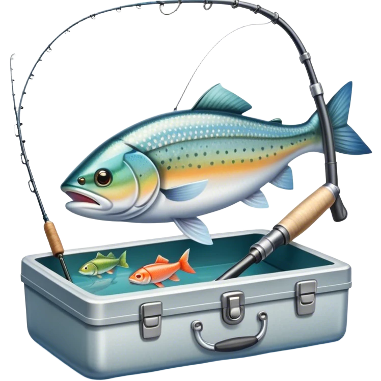 Icon for Fishing: a fishing rod with a line in the water, a tackle box, a fish on the hook, and a peaceful lake or river background. The icon should capture the calm and skill of fishing. Transparent background. emoji