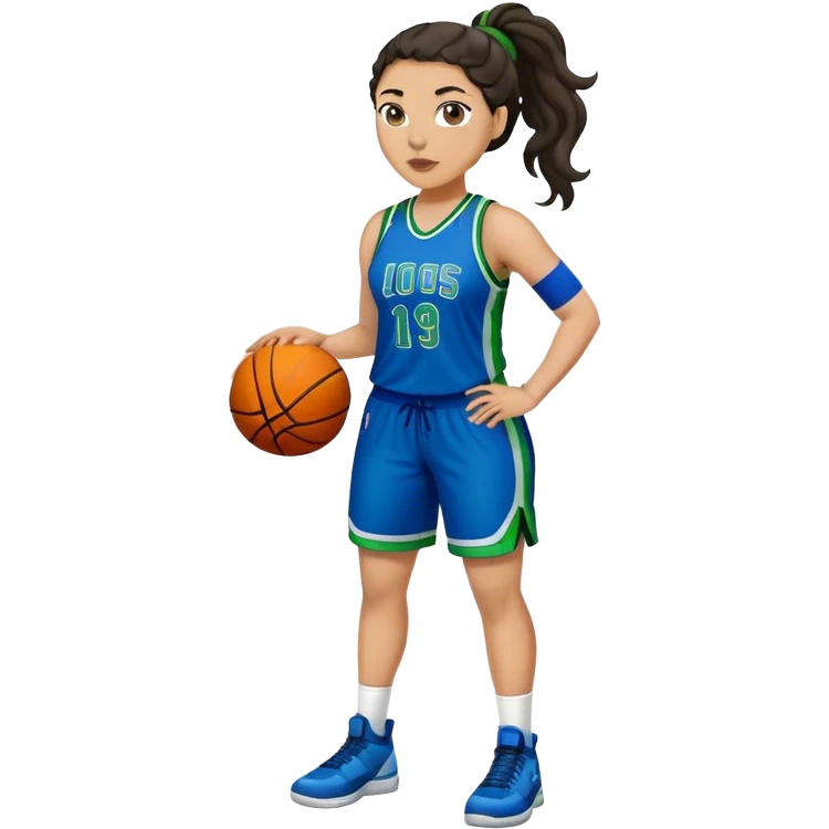 full body plus size light skin latino women basketball player with wavy dark hair in pony tail wide nose wearing blue uniform with green accent emoji