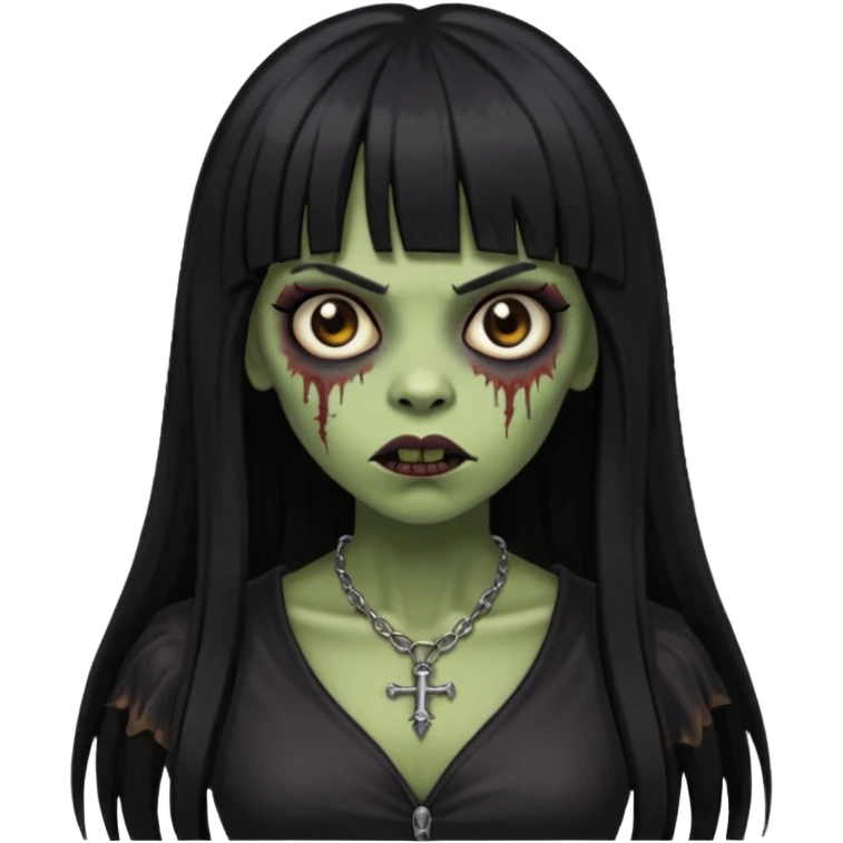 vampira gótica parda zumbi de cabelo longo e preto e franja e roupa com decote emoji