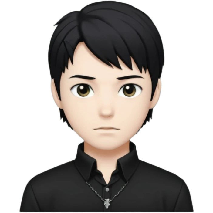 White male, black anime hair, black hunter eyes, black shirt emoji