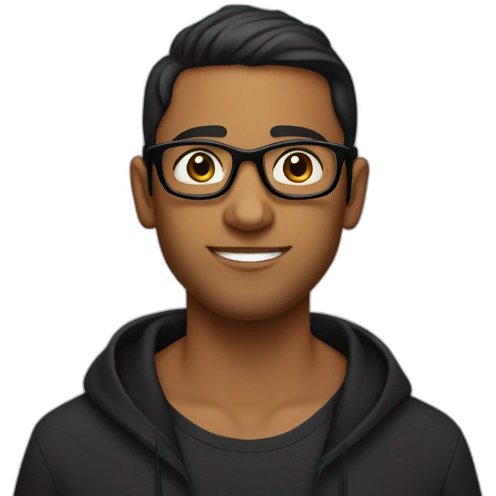 Indian brown boy with dimples wearing black hoodie and black glasses trying to grow beard emoji