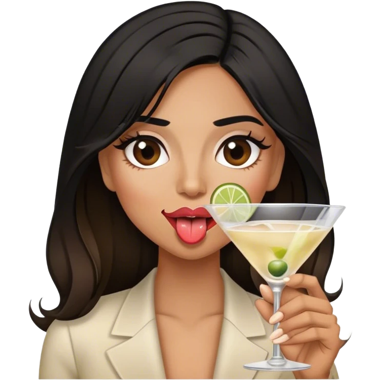 TOUNGE out black haired female Hispanic looking  drinking  martini long hair brown balayage  emoji