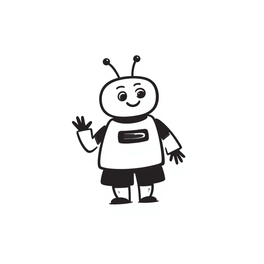 Hand-drawn android robot with antennas and friendly face emoji
