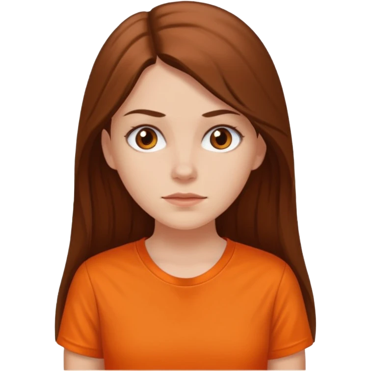 white girl with long hair and orange shirt not smiling emoji