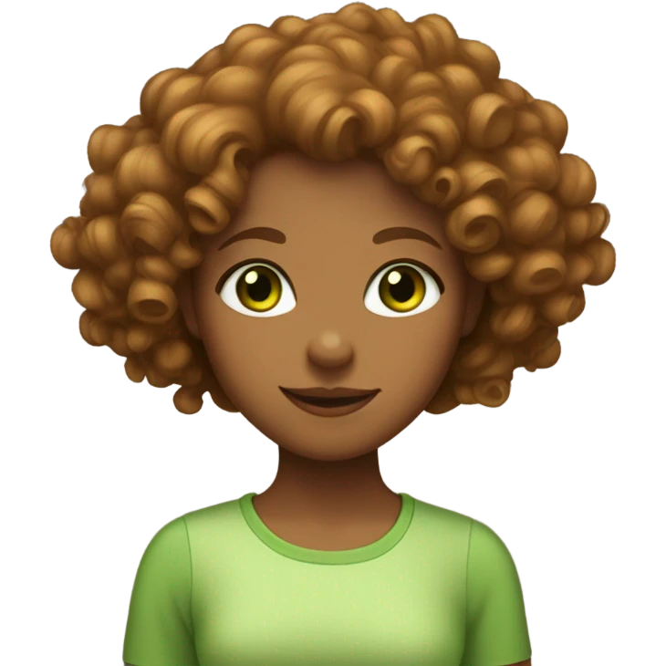 A girl with a square shaped face, tan skin, green eyes, curly hazelnut hair  emoji