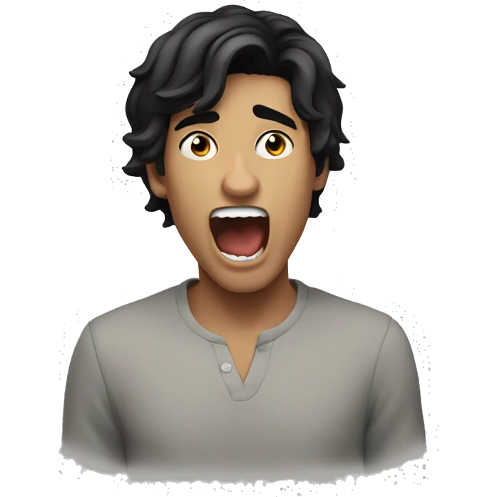 a young man with black mid length hair and white longsleeve yawning emoji