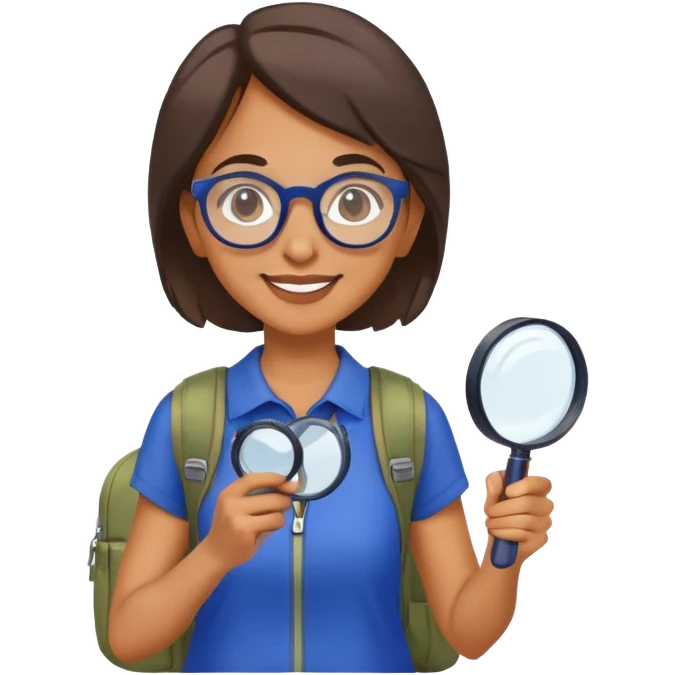 Happy woman hiker with glasses in vibrant dark blue and white outfit, backpack, holding magnifying glass emoji