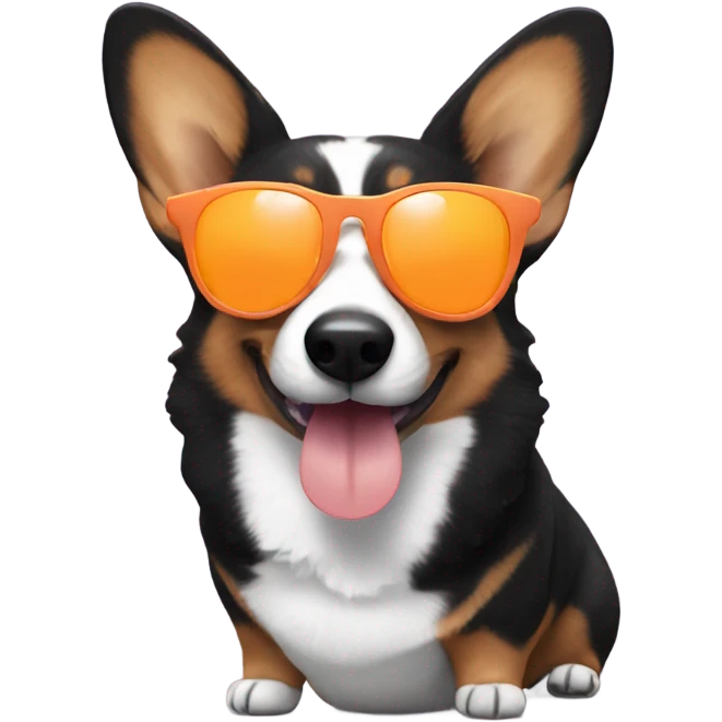 Black corgi with sunglasses eating a peach emoji