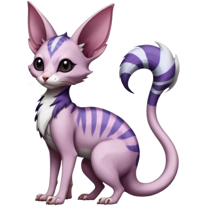 scaly, Purple, white, black, Minccino-Sphynx-Lykoi-Linoone-Zangoose-fusion-hybrid-animal-Fakémon-creature, full body, thin long sleek scaly tail, intricate markings emoji