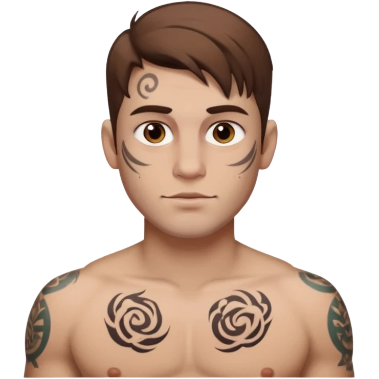 tattoo man, fair white skintone,brown hair, tattoos on face, more visible, bulky man with tattos on his chest. emoji