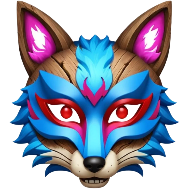 Ancient wooden mask, split in half, luminous and neon with red, blue and pink fox-like glow. emoji