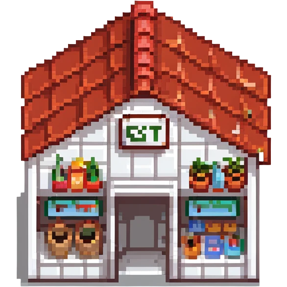 isometric supermarket building with red tiled roof, store entrance, and small parking area emoji