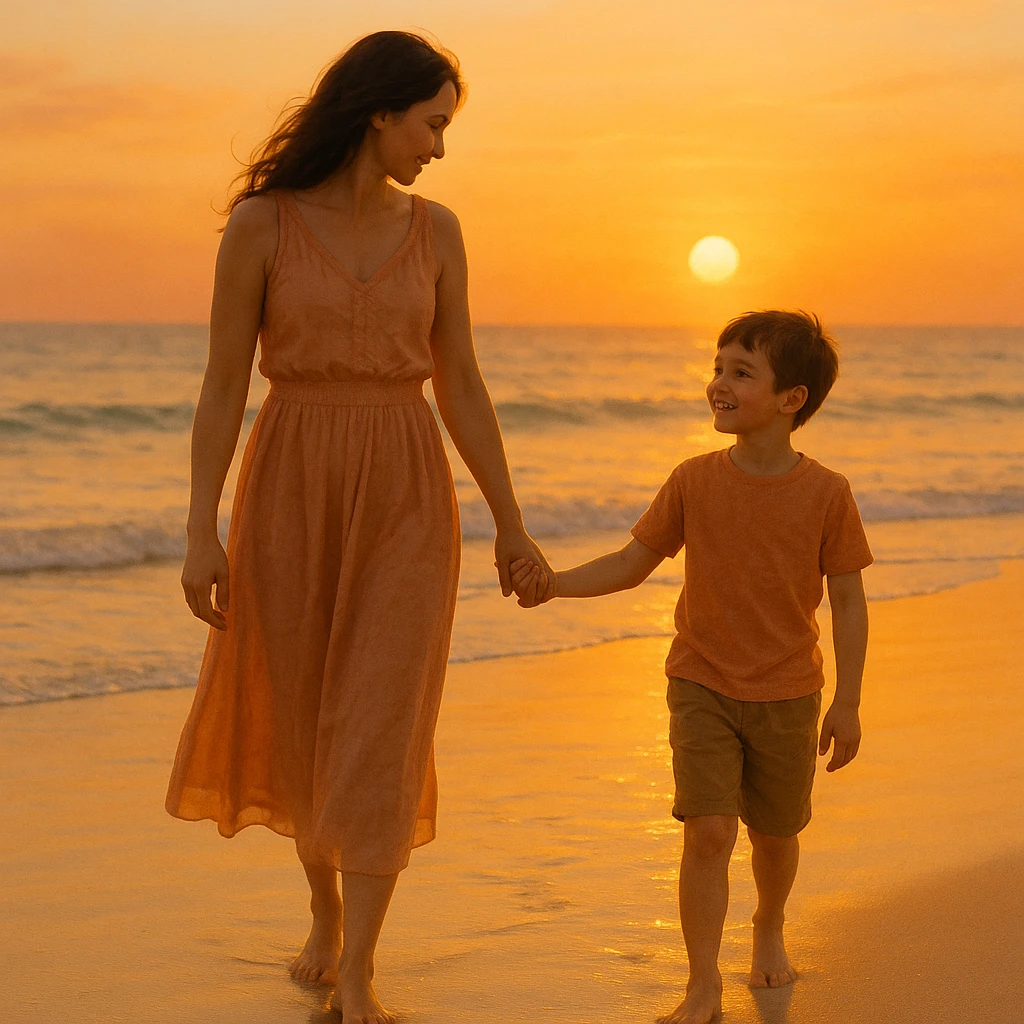 A mother and son walking hand in hand at the beach during sunset, warm colors, peaceful atmosphere emoji
