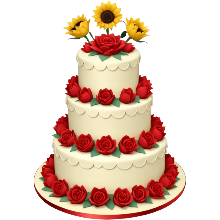 A large three teir cake with first mayer decorated with roses, second with Sunflowers and third with Tulips and Happy Birthday Dear written on top. emoji