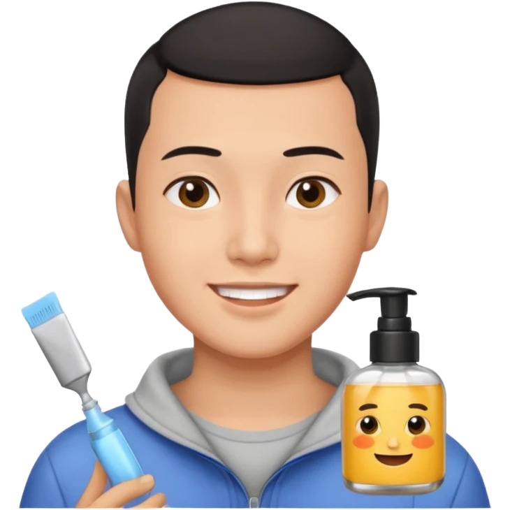 try different skincare products for chinese man with buzz cut (short black hair) doing skincare emoji