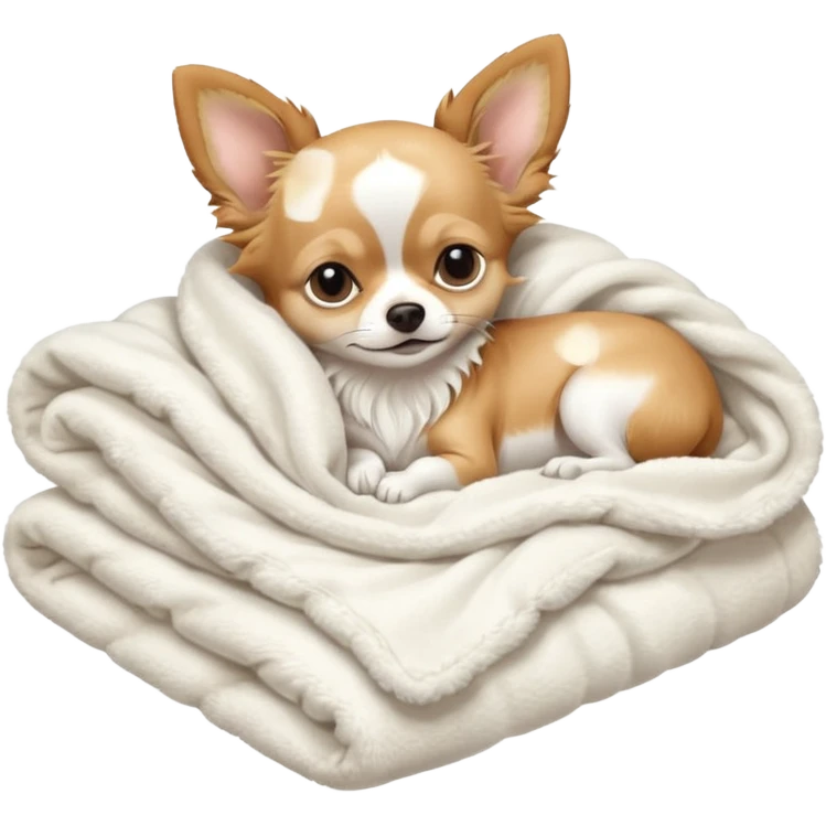Long haired chihuahua, beige, with white chest and white socks, sleeping cutely under blanket emoji