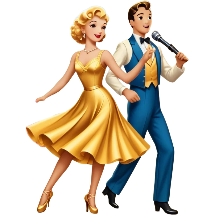 Vintage movie poster-style icon for a musical film. The cityscape glows in the background, evoking the golden era of musicals. A vibrant street scene with bright lights, dancers mid-step, a singer with a microphone. Transparent background. emoji