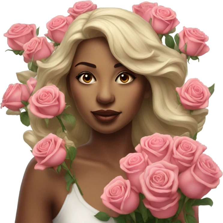 Hyper Realistic beautiful woman smells bouquet of roses emoji