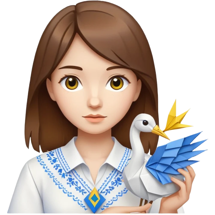 Ukrainian young girl with brown hair wearing a white embroidered shirt holds an origami yellow-blue crane emoji