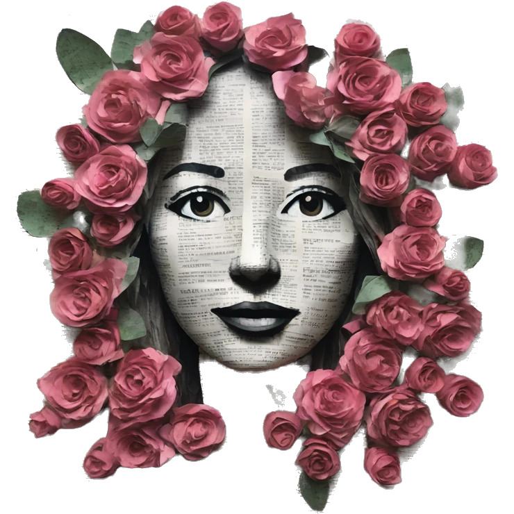 Person face portrait made entirely of newspaper cuttings and roses emoji