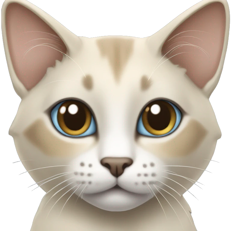 Thai breed adult cat with a light cream-brown body, dark gray nose and face, ears, and paws. sharp ears, and striking light blue eyes  emoji