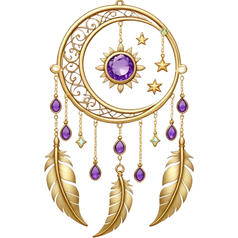 Epic beautiful gorgeous cute gold suncatcher, threads with shiny sparkly amethyst gemstones, flowers, crescents-moons, stars, gold Feathers  emoji