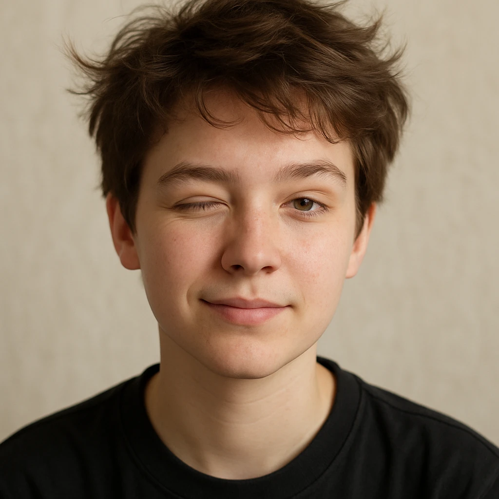 realistic portrait of a young person with short tousled brown hair, light skin, winking, inspired by the reference image emoji