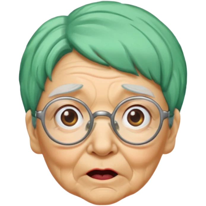green haired grandma with wrinkles and glassess, surprised emoji