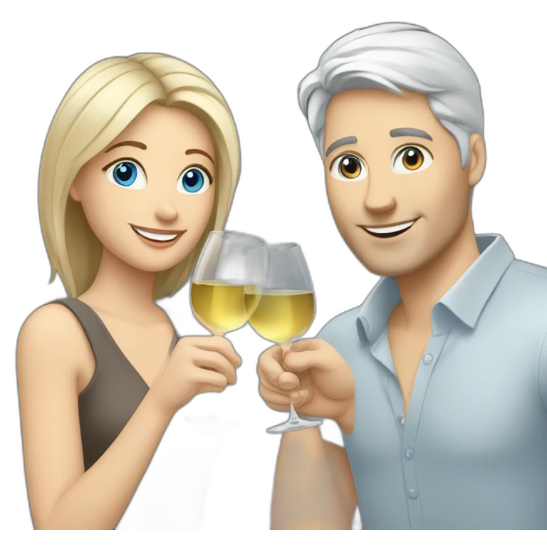 A white woman with brown eyes and blond medium long hair and a white man with blue eyes and grey hair, they toast to each other with a glass of white wine. emoji