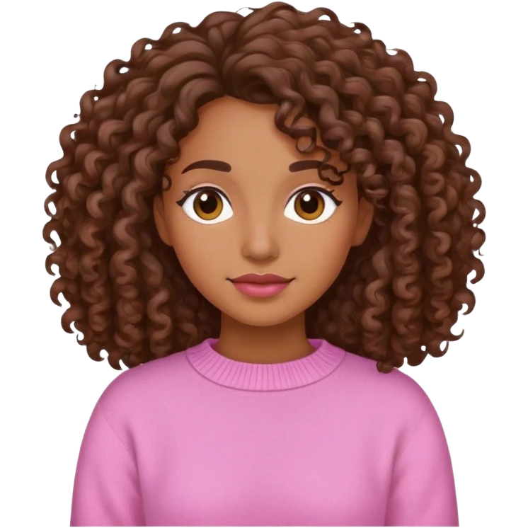 Femme Brune avec des cheveux bouclés brun mi-long avec un pull rose emoji