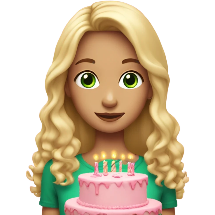 Blonde girl with long hair, green eyes in hands a pink Birthday cake emoji