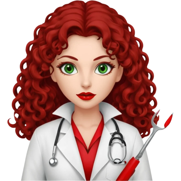 Lilith symbol seductress evil woman. She has green eyes.  had brown long curly hair.  evil surgeon kills with scalpel wears red sexy doctor coat with red mouth cover emoji