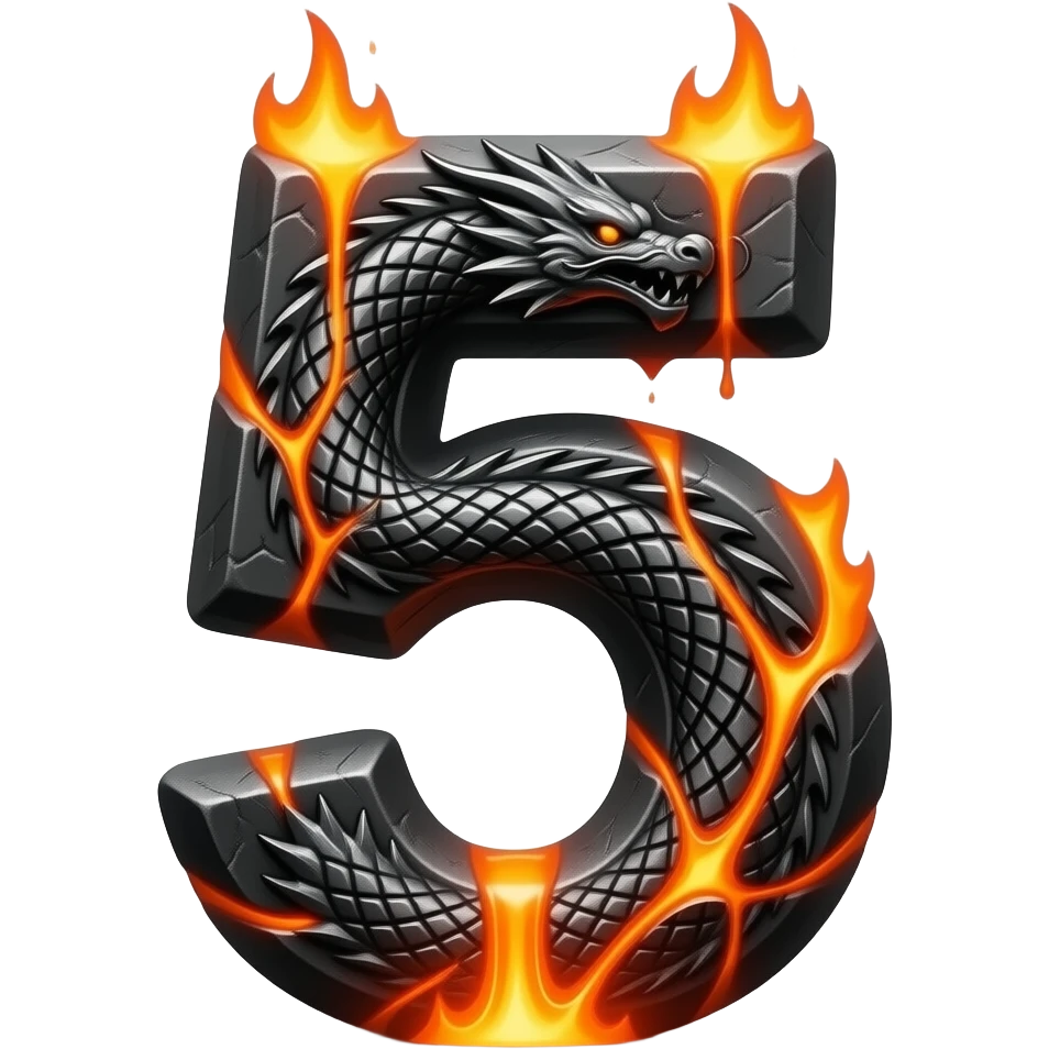 A heavy obsidian letter '5' with molten lava flowing through engraved draconic scales. Emitting orange embers and heat distortion. Dark fantasy aesthetic, metallic texture, dramatic shadows emoji