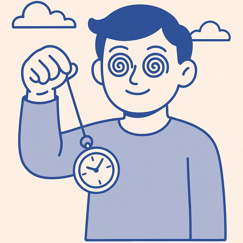 cartoon person with hypnotic spiral eyes holding a swinging pocket watch, clear expressive style emoji