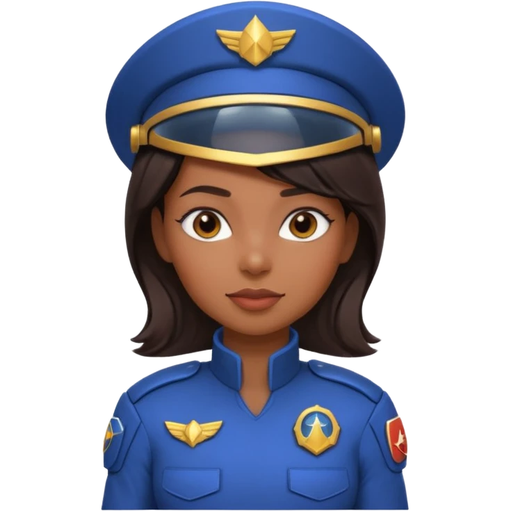 cute Black female spaceship captain portrait, head and shoulders only, futuristic uniform, captain badge, confident expression, 3D cartoon, mobile game icon style, clean background, no text, no watermark emoji
