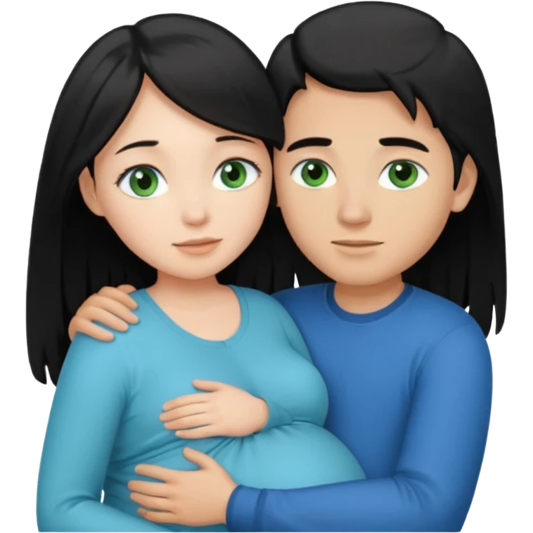 Make a couple hugging the girl is white with long black hair with blue eyes. The girl is hugging a boy with light brown short hair with green eyes. The boz is pregnant  emoji