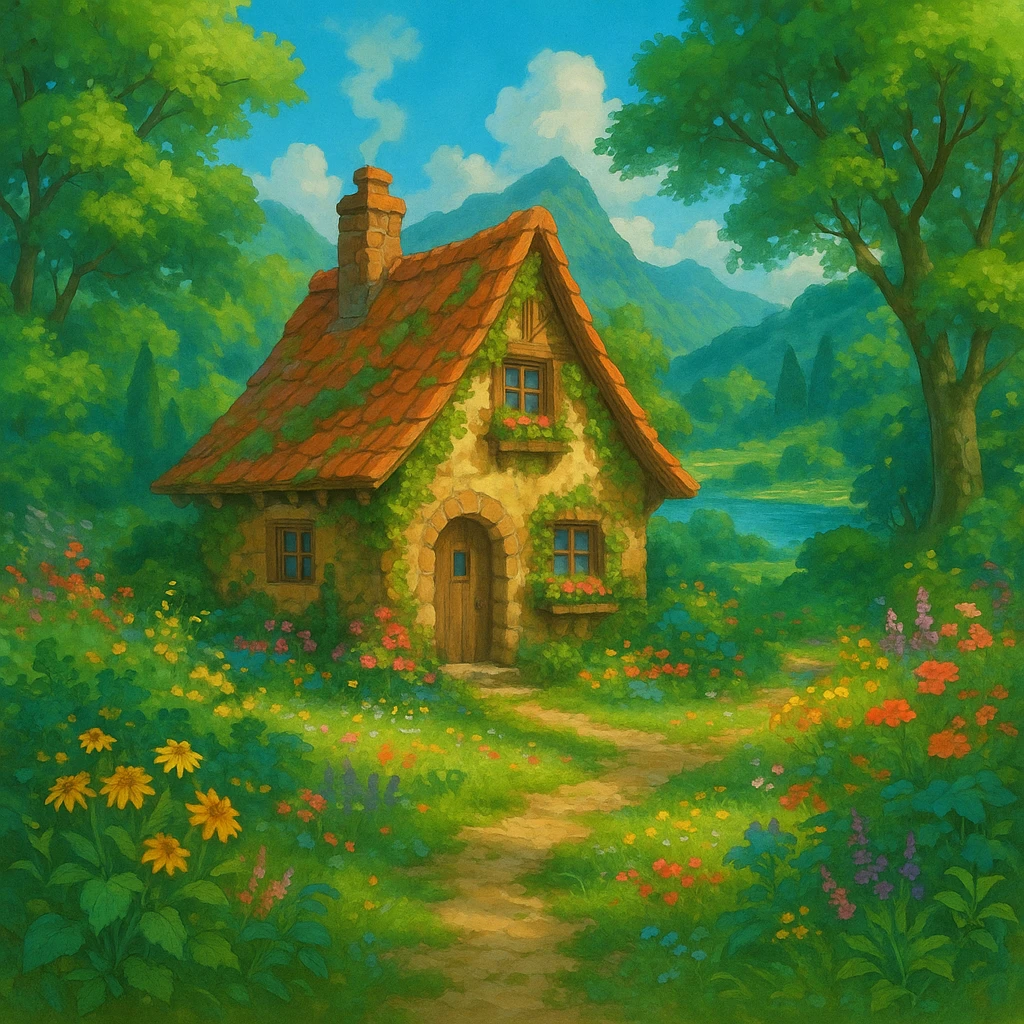 a cozy cottage in a magical landscape, ghibli style, detailed, enchanting, lush environment emoji