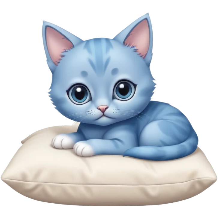 The head of a blue kitten with large eyes, resting on its big paws. The paws are placed on a pillow. Minimalist design with no detailed features, focusing on the kitten's adorable face and large paws emoji