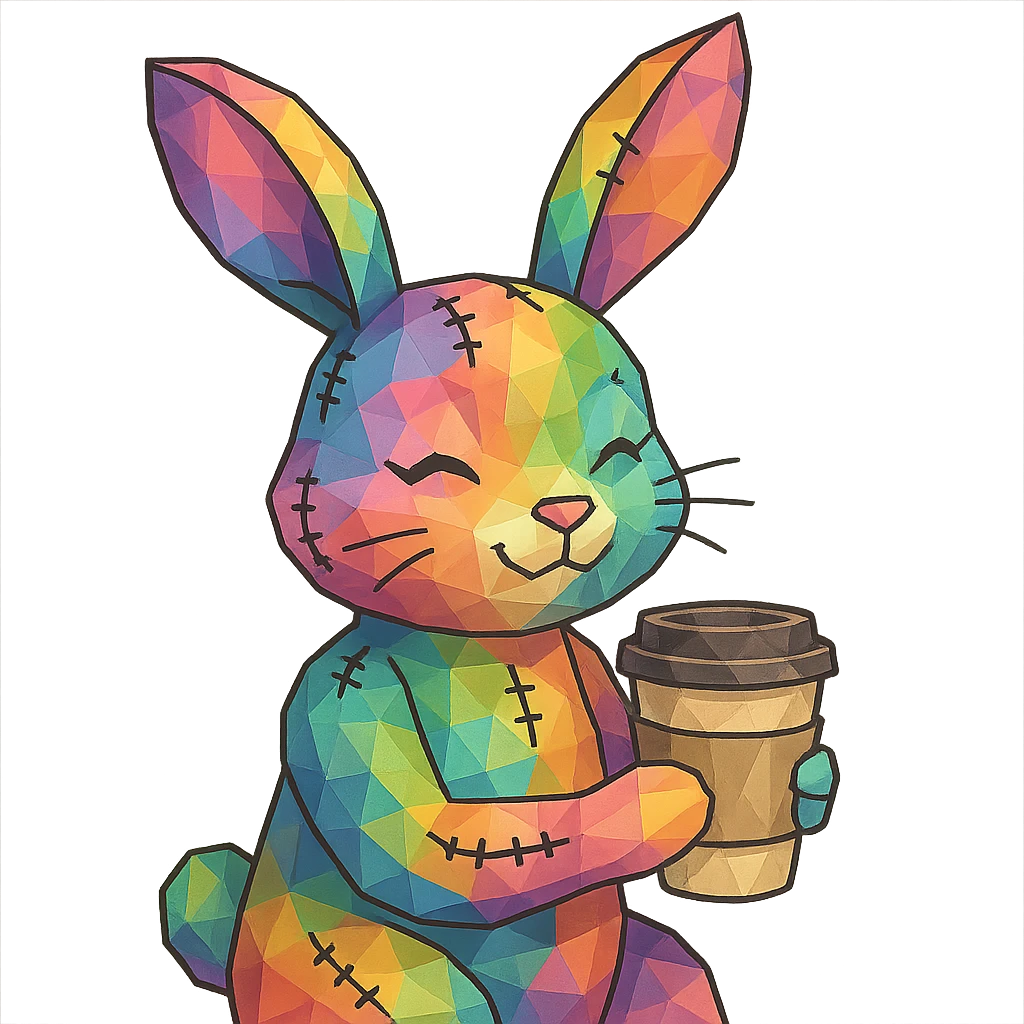 whimsical female bunny with rainbow fur visible stitches and a coffee cup in low-poly style emoji