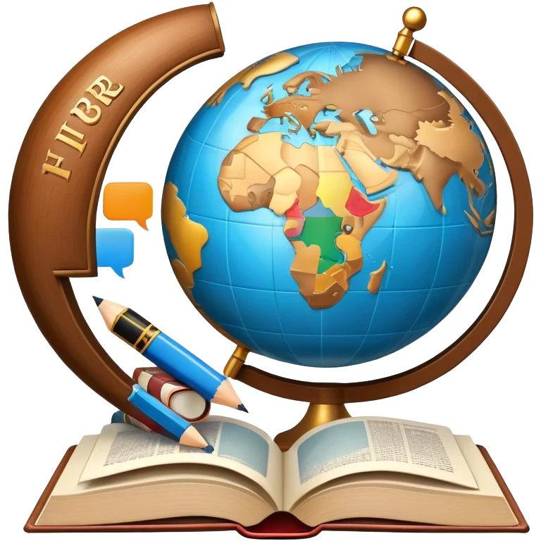 An icon featuring a globe with speech bubbles in different languages, symbolizing the study of foreign languages. The design includes a book and a pencil, representing learning and communication across cultures. Transparent background highlights the global nature of language education. emoji