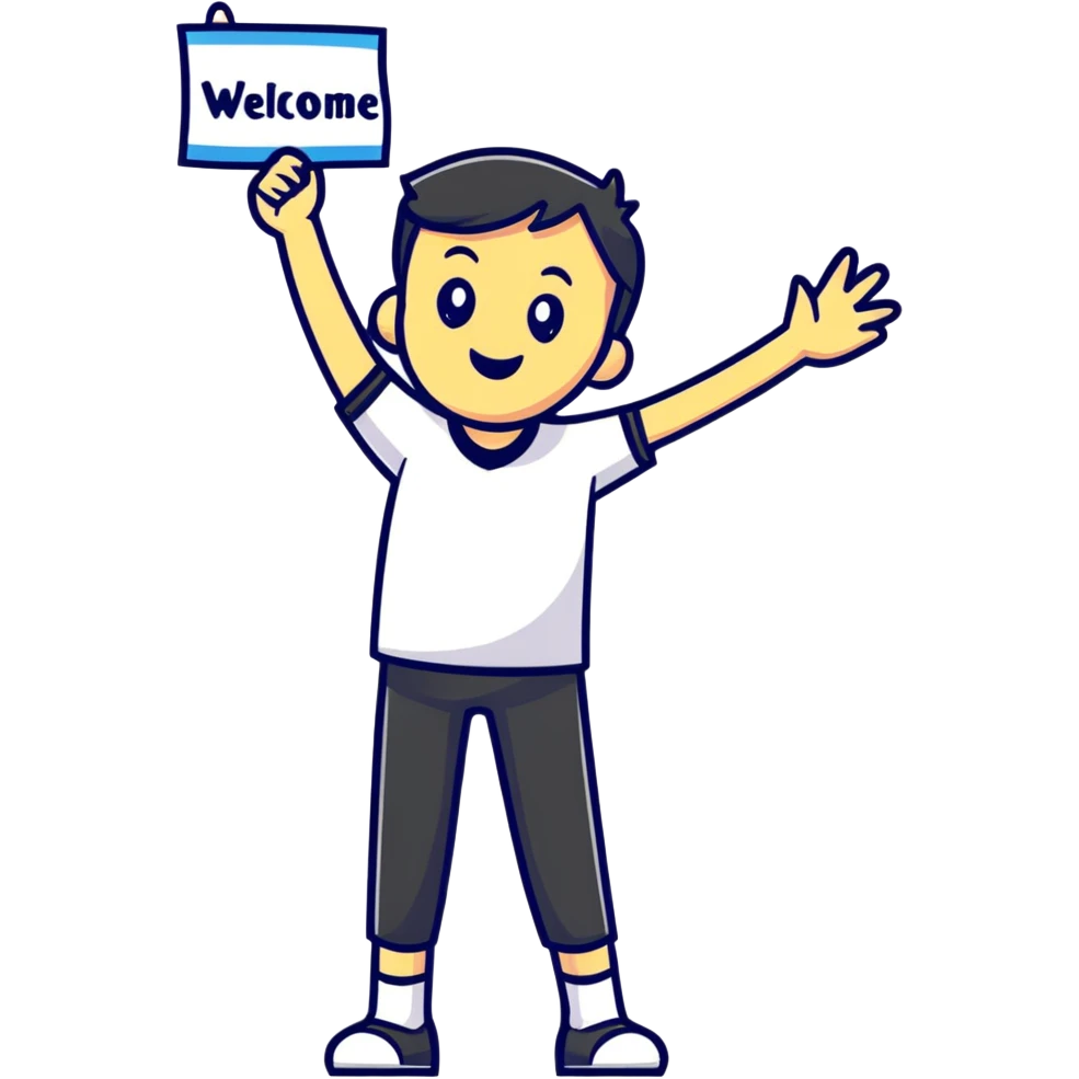 colorful sticker of a waving character with a 'Welcome!' banner emoji