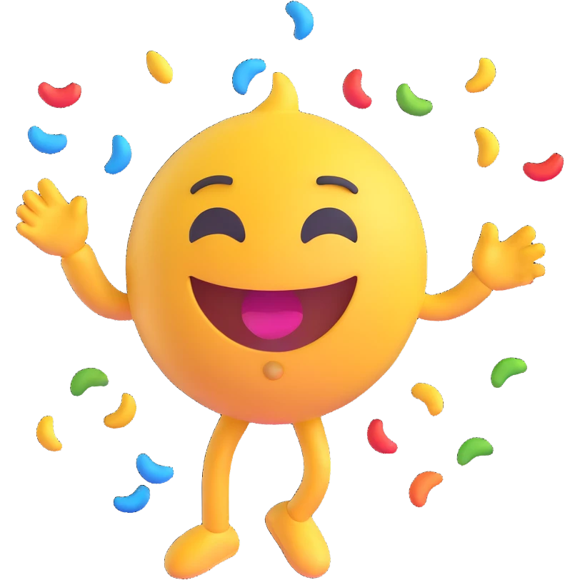 AI emoji with a smirk, doing a silly dance pose, confetti flying, making friends laugh while saying thank you emoji