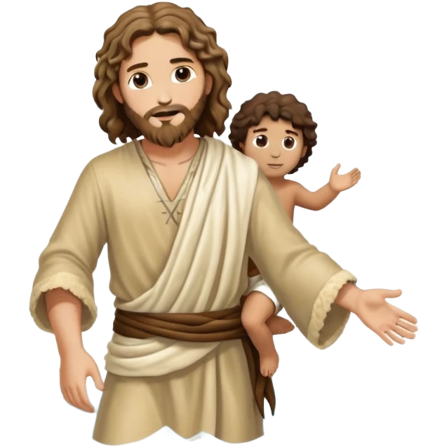 wavy hair John the Baptist, animal skin clothes, meets same age Jesus in the water, they have clothes on emoji
