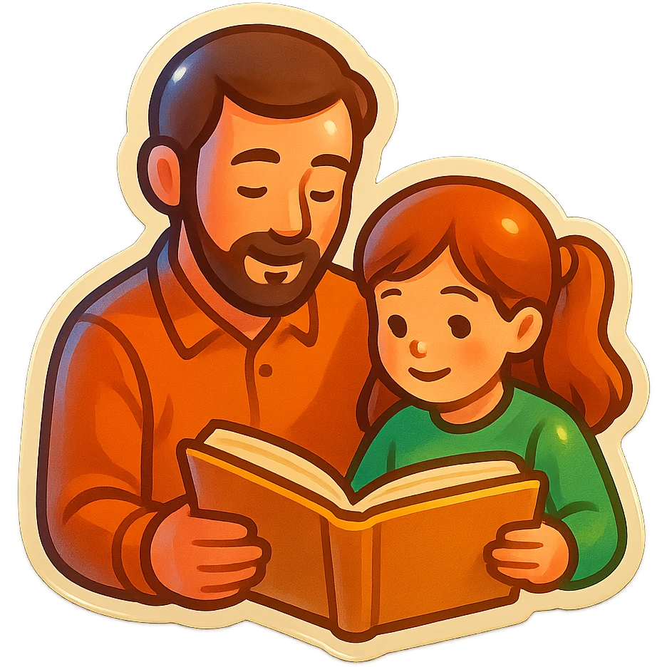 dad and daughter reading a book together, sticker style, cozy and sweet emoji