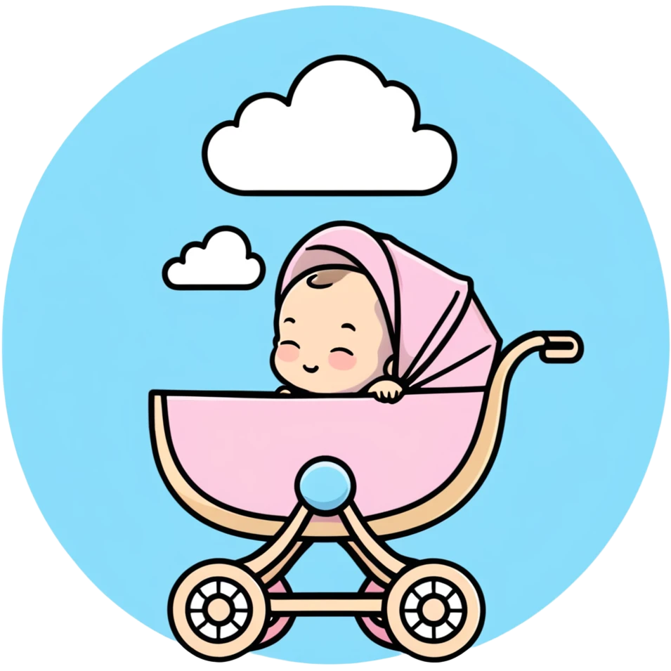peaceful sleeping baby with closed eyes in pink and beige stroller with pastel blue clouds decoration emoji