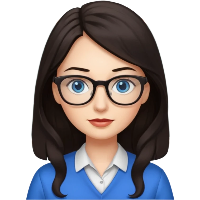 long dark hair, blue eyes, glasses teacher female, eyelashes emoji