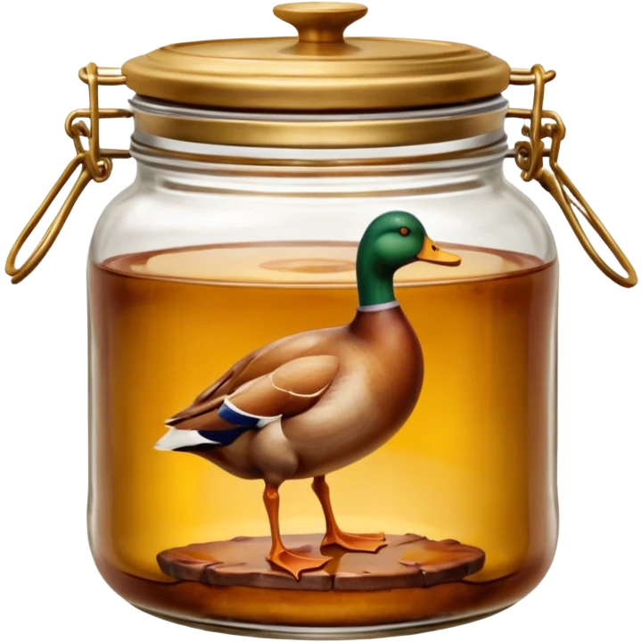 confit de canard in a clear glass jar with 1 or 2 duck legs in golden duck fat, cooked meat with golden skin visible, rustic jar with wide mouth and metal or glass lid, smooth semi-opaque fat, clean 3D look, soft lighting, no labels, no faces, emoji scale emoji