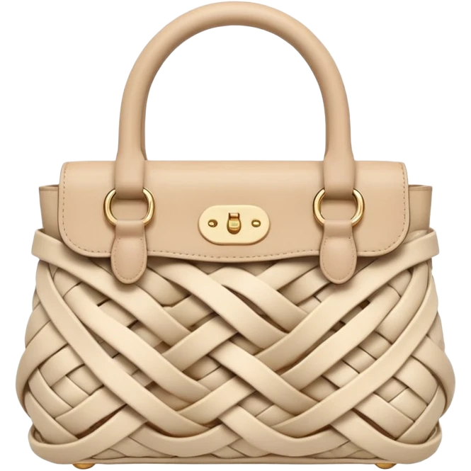 A 3D cartoon woven handbag with interlaced fiber details, neutral tones, Memoji-style realism. emoji
