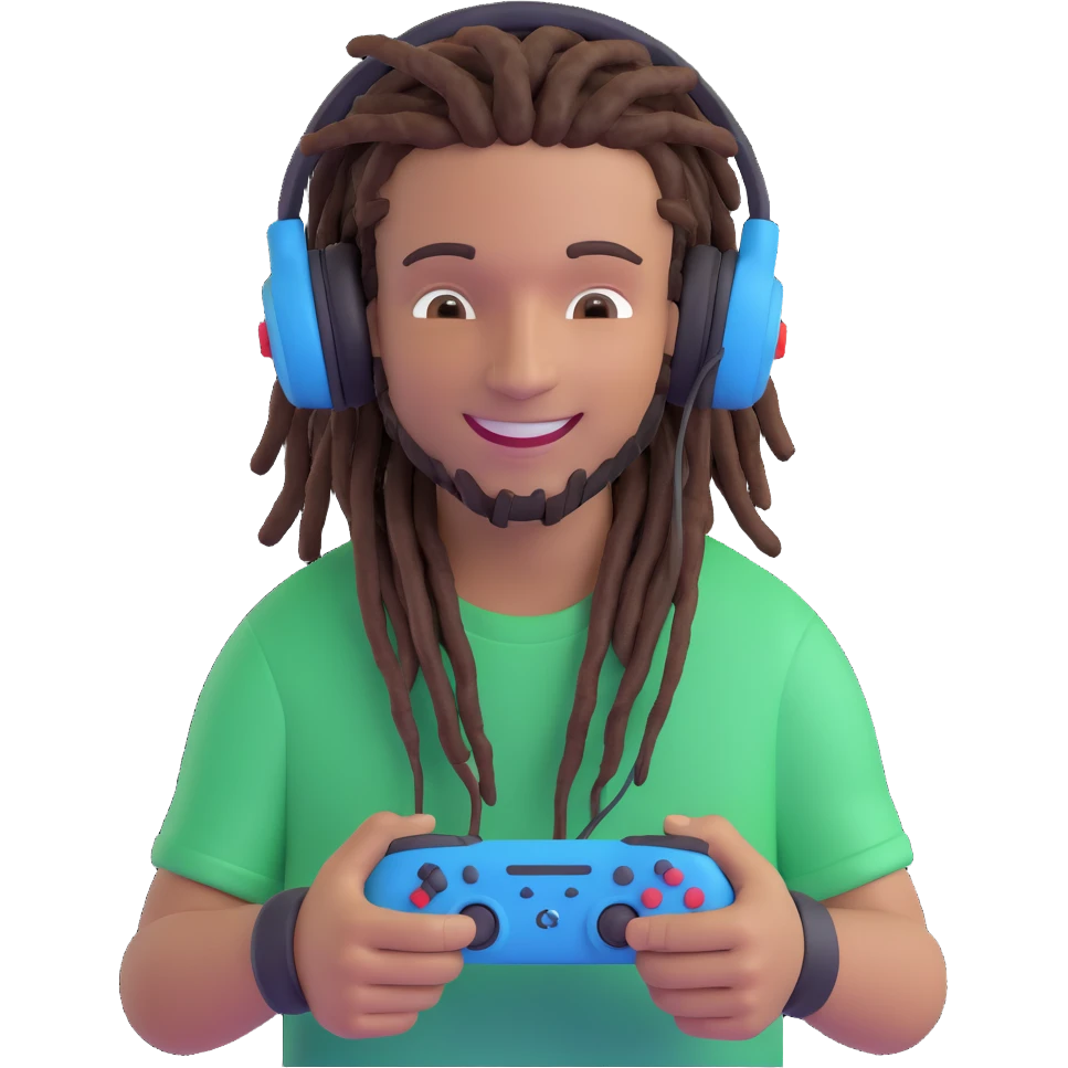 emoji of a smiling guy with dreads, wearing a gaming headset, holding a controller emoji